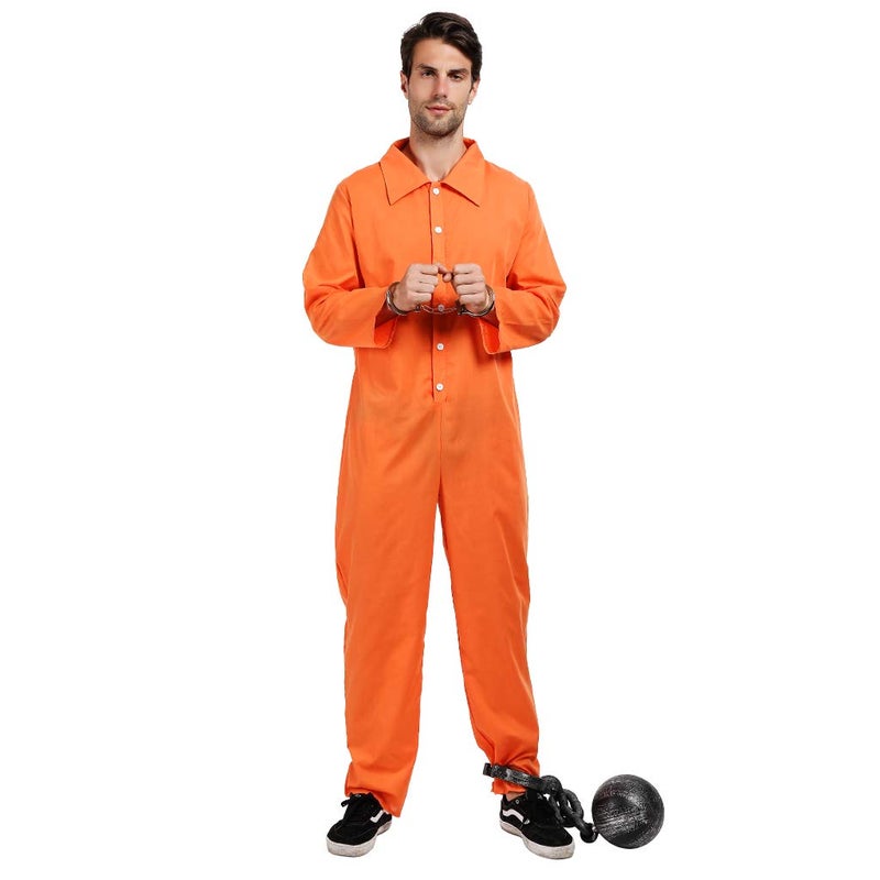 ReneeCho Orange Prisoner Jumpsuit Jailbird Costume Men Adult Halloween Inmate Onesie - Image 1